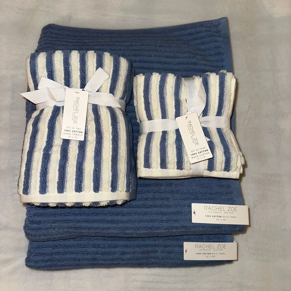 Rachel Zoe Bath Towel Set Cream Dusty Blue Stripe and Solids Pattern 8 Piece NWT